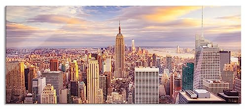 Pixxprint Glasbild Panorama, Wandbild aus Echtglas, Skyline New York Sonnenuntergang, 100x40 cm, inkl. Aufhängung und Abstandshalter