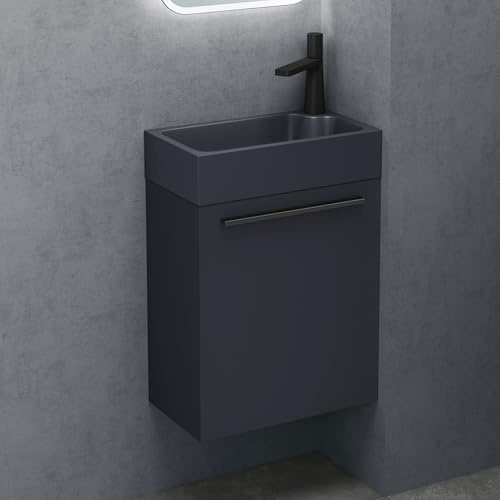 doporro Petit Meuble de Salle de Bain Suspendu 46cm Ensemble de 2 Pièces | Anthracite Mat, Lavabo Gris Noir Mat, avec Lavabo en Solid Surface, Design Pisa