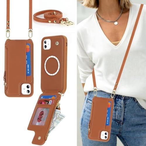 Zouzt for iPhone 11 6.1 Inch Wallet Case with Card Holder, PU Leather Flip Credit Slot Crossbody Lanyard Strap Adjustable Necklace Protective Phone Cover Women for iPhone 11 (Brown)