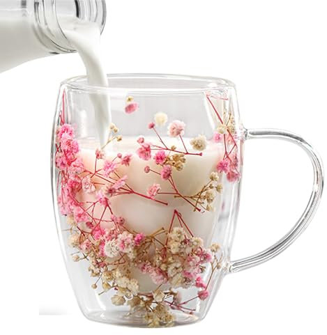 Kaxenig Tasse en Verre Double Paroi avec Fleurs Sèches - Tasse à Thé et Café Isolée Décorative pour Chocolat au Lait