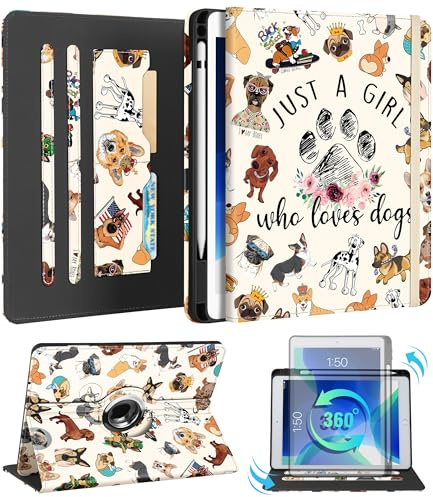 Kidcube for iPad 9th/8th/7th Generation Case 10.2 Inch - for Women Girls Kids Cute Rotating Stand Folio Cover with Pencil Holder & Card Slot Kawaii Cartoon Dogs Design for iPad 9th/8th/7th Gen Cases | 360° Rotating Stand, Auto Wake/Sleep, Pencil Holder, 2 Card Slots, Elastic Closure and Multi-Angle Viewing for Women, Girls