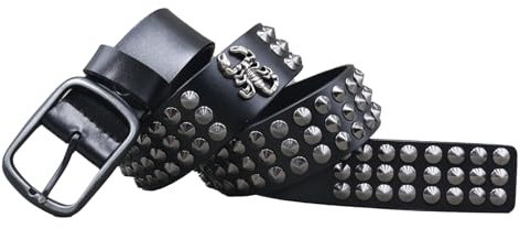 Surrycee Herren Damen Nietengürtel aus echtem Leder, schwarz, Punkrock, Gothic, für Jeans, Vintage-Gürtel mit Skorpion-Nieten aus Metall mit Schnalle, 3,8 cm breit,Schwarz,105cm(34~36)