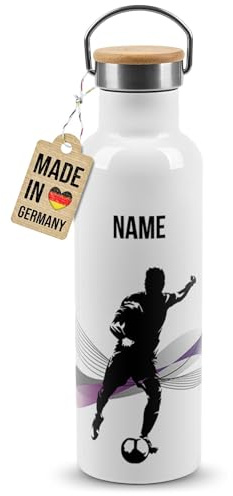 PR Print Royal Edelstahl-Trinkflasche für Sportler mit Name selbst gestalten - Fußball - Geschenk Sportler, Personalisierte Fußball Geschenke für Männer | Thermosflasche Weiß, 750 ml