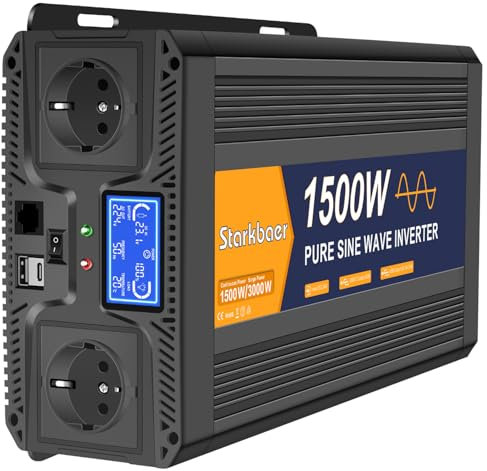 Starkbaer 1500W/3000W Convertisseur 24V 220V Pur Sinus Onduleur Transformateur, 2 Prises EU AC, 2 Ports USB+Type-C, 5M Télécommande et écran LCD pour Voitures, Voyage, Camions(1500W24V)