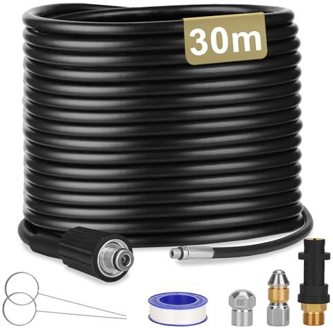 30M Rohrreinigungsschlauch-Set, kompatibel mit Kärcher K2-K7 | Flexibel und robust für hartnäckige Verstopfungen und Ablagerungen