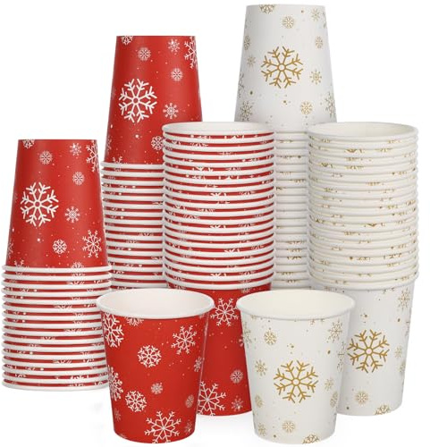 NatNarr Paquete de 100 vasos de papel de copo de nieve de Navidad, desechables de 9 onzas, taza de papel de copo de nieve rojo de invierno para bebidas de té frío caliente, suministros de fiesta, 2