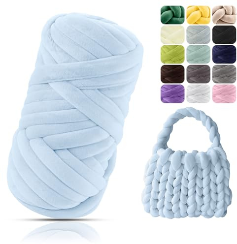 POFIBO Dicke Wolle Garn, 500g Chunky XXL Wolle zum Handstricken, Handstrickwolle, Handstrickgarn, Armstricken Dickes Garn zum Häkeln für Anfänger, Decken, Körbe, DIY-Kunsthandwerk, 16m, Hellblau