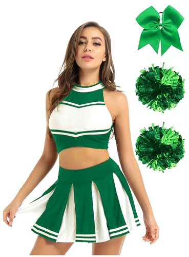 Freebily Damen Kostüm Cheerleading Uniform Schulmädchen Rock Top Mit Pompoms Kopfschmuck 4Pcs Set Halloween Karneval Kostüm Party Festival Outfit Grün XXL