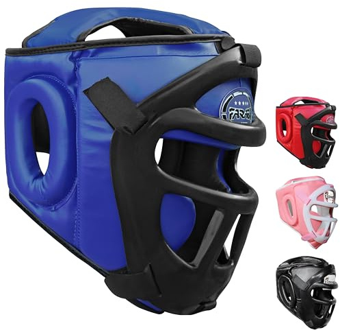 Casco de Boxeo 2-en-1 Ajustable con Rejilla Facial Desmontable Casco de Artes Marciales para Protección Completa — Ideal para MMA, Muay Thai, Kickboxing, Sparring | Hombre y Mujer (Azul, S)