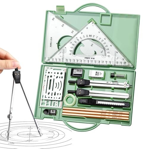 Alwida Zeichenwerkzeuge – Winkelmesser- und Zirkel-Set | Metalllineale und Zirkel, Geometrie-Set mit Etui, Dreieckslineal, Zirkel und Winkelmesser-Set, Zeichenstifte, Zeichenzubehör