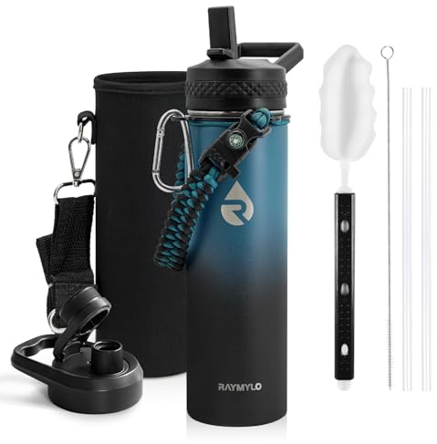 RAYMYLO Insulated Water Bottle 20 oz, Triple Wall Vacuum Stainless Steel (Cold for 48 Hrs), Leak Proof & Non-BPA, Kids Water Bottle Jug for School with Straw Spout Lids, Indigo/Black