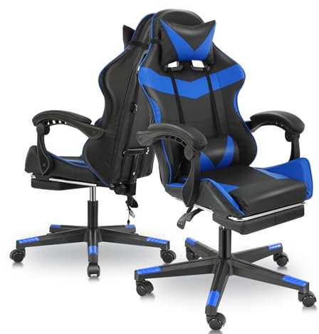 Oyajia Gaming Stuhl, Computerstuhl mit Fußstütze und Lendenkissen, Racing Gamer Stuhl Ergonomisch mit Verstellbare Kopfstütze, Bürostuhl Gaming Stuhl 150 kg belastbarkeit (Schwarz Blau).