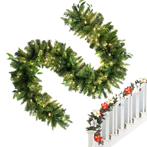 Prelit Weihnachtsgirlande, 2,5 m, beleuchtete Girlande für den Außenbereich, beleuchtete Weihnachtsgirlande für Kaminsims, Kamin, Torbogen, Treppe