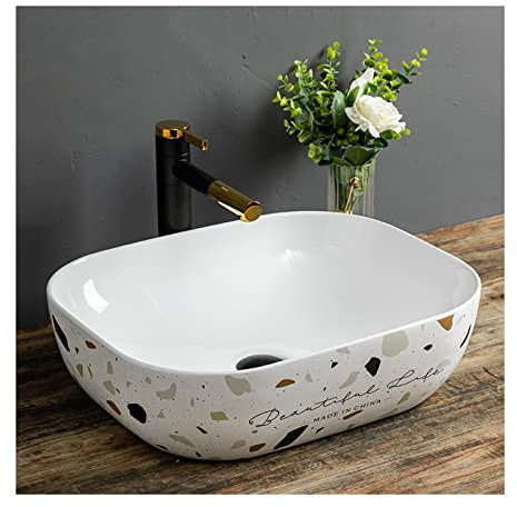 Lavabo da Appoggio Lavabo a Vaso con Rubinetto Nero, Lavabo a Vaso for Bagno Moderno in Ceramica Sopra Il Lavabo da appoggio Lavabo for Vanità Lavabo in Porcellana Artistica Lavabo Bagno(Grande)