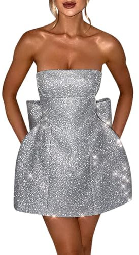 Duohropke Wickelkleid Damen Pailletten Glitzer Minikleid mit Schleifen Plissee Herzausschnitt Midikleid Sexy Hohe Taille Ärmellos Schmaler Mieder Sling Ballkleid