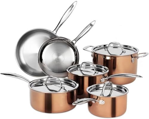 HJZSZX Juego de ollas y sartenes de acero inoxidable de tres capas, 10 piezas, juego de ollas y sartenes de cobre con tapa de acero inoxidable, inducción, cobre SS, 10 piezas, 10 piezas