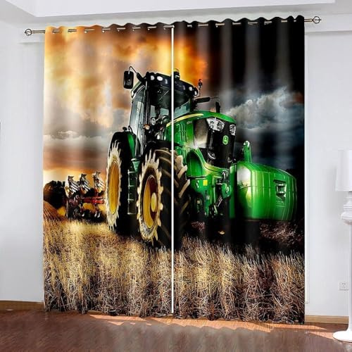 ZZTBQ Traktor Gardinen Blickdichte Vorhänge Traktor Mähdrescher Gardinen Vorhang Thermovorhang mit Ösen für Schlafzimmer Wohnzimmer Verdunklungsvorhang, 75x166 cm (BxH), 2er Set