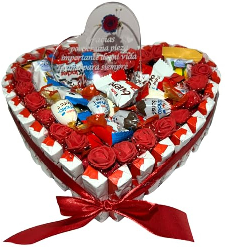 Donda's House® Tarta Kinder. Cesta Kinder. ROSAS. Regalos original pareja. Huevos Kinde. Contiene 65 Piezas. Regalo Ideal Aniversario. Schokobons. Cards. Happy Hippo. Chocolatinas Minis.