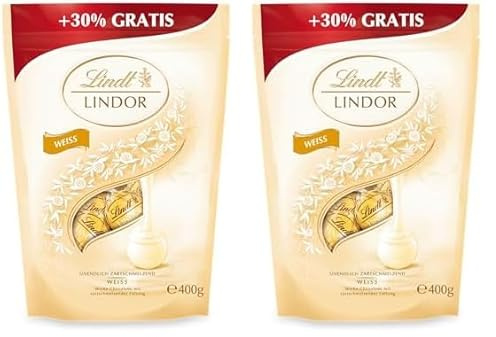 Lindt Schokolade LINDOR Kugeln weiß | 400 g | Ca. 30 Schokoladen Kugeln weiße Schokolade mit zartschmelzender Füllung | Pralinengeschenk | Schokoladengeschenk (Packung mit 2)