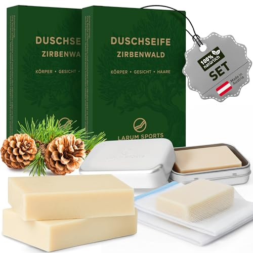 larum sports feste Duschseife Männer, Seife Stück, Zirbenwald, SET | Festes Shampoo, feste Seife, 3 in 1 Haare Körper Gesicht, Körperseife Männer, Naturseife, festes Duschgel Männer