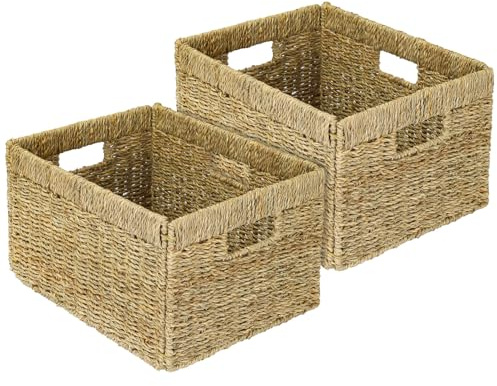 HMF Aufbewahrungskorb passend für Billy Regal, Korb geflochten aus Seegras mit drei Griffen 2er Set | 35 x 25 x 20 cm | Natur