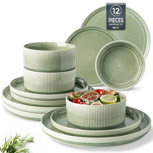 GBhome Stoneware Dinner Sets for 4 People, 12 Pieces Reactive Glaze Handcrafted Plates and Bowls Set, Scratch Resistant Dinnerware Set, Dishwasher & Microwave Safe Crockery Set, Quiet Green