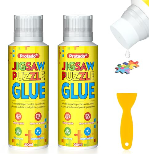 Protado Puzzlekleber, 2er-Pack, klarer Versiegler für Papier-/Holzpuzzles | PVA-Formel auf Wasserbasis mit Spachtel, trocknet in 1–2 Std. klar, für Puzzles bis 5000 Teile, Diamond Painting und Basteln
