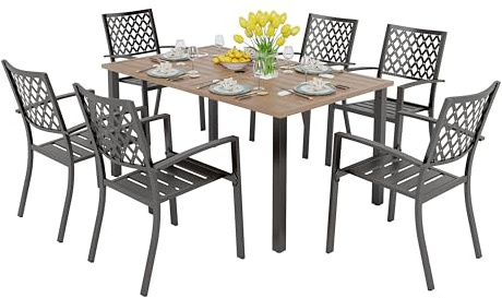 PHI VILLA Gartentisch mit 6 Stühle Set Teakfarbener Tisch Stapelbare Stühle | Rostbeständig E-beschichtet Terassenmöbel, 6 Personen Gartengarnitur, Stapelbar Stühlen platzsparende Lagerung, Wetterfest