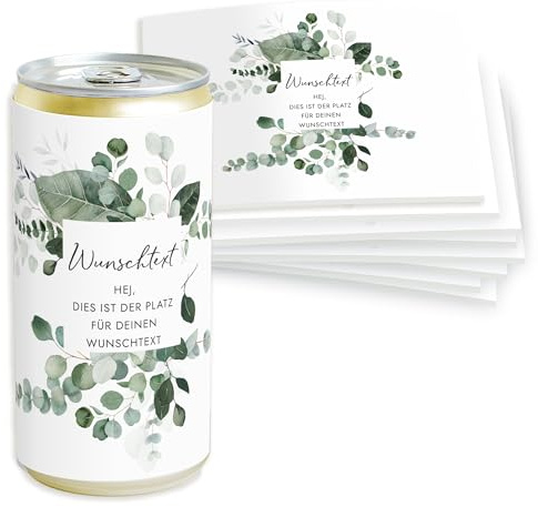 Mimi und Anton Prosecco Banderole PERSONALISIERT mit WUNSCHTEXT | 10x Sticker für Hochzeit, JGA, Geburtstag,Getränke-Dosen-Banderole Design Eukalyptus Greenery