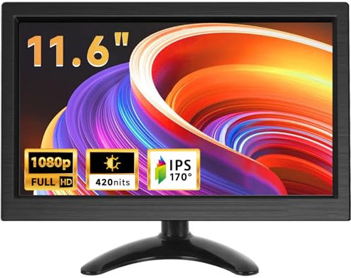 podofo Tragbarer 11,6-Zoll Monitor 1920 * 1080P HD LCD, Mini Monitor für PC, Überwachung, Computer, Raspberry Pi mit HDMI/VGA/BNC/AV/Eingebauter Lautsprecher/VESA, 12-24V