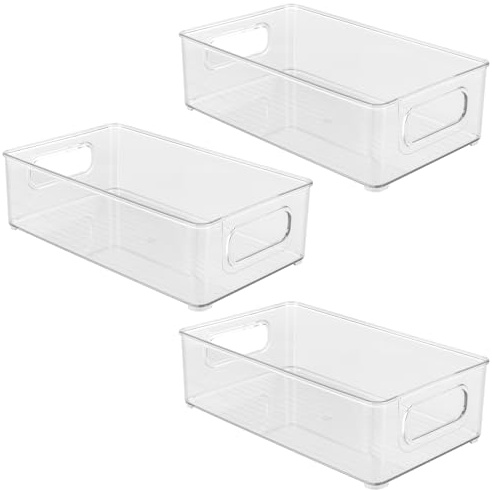 ZOENHOU 3 stycken kylskåpsförvaring, stapelbara 25,5 x 15 x 7,6 cm, kylskåpslåda med handtag – transparenta förvaringslådor för köksskåp, frys, skafferi, mat och grönsaker