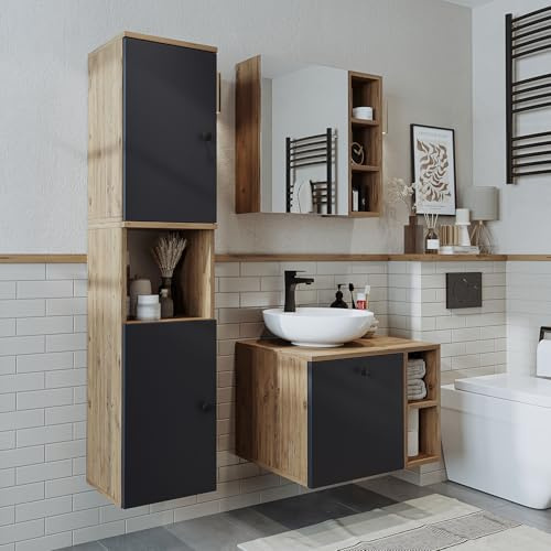 ROOMART Badezimmermöbel Set Lotus 65 cm 4 Teilig mit Keramik Waschbecken (Anthrazit-Eiche, Komplett-Set)