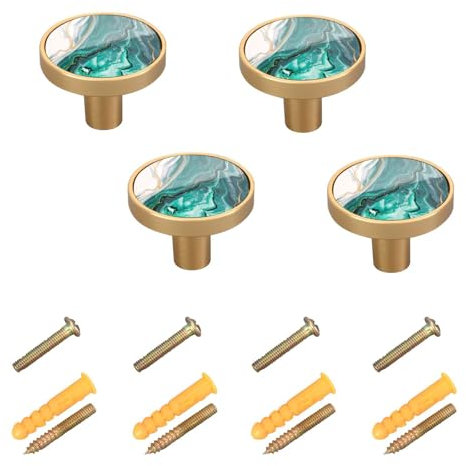 Poeticcity 4 Sets Round Drawer Cabinet Knobs Handles, Acrylic Board Knobs with Screws Pulls Decor Dresser Wardrobe Beige Teal Turquoise Paint Splash Abstract Marbling Marble Fluid