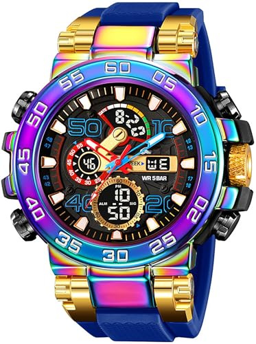 findtime Mens Watches Sports Outdoor Blue Watch for Men Color Designer Large Face Military Men's Wristwatches with Date Week Alarm LED Waterproof Stopwatch