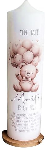 Taufkerze Bär - Moritz - Personalisierte Taufkerze für Mädchen und Jungen, Naturfarben, mit Name Datum und Spruch