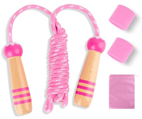 ZHITENG Corde à Sauter Longue 2.6m, Cordes à Sauter Réglables 2 Protège Poignets, 1 Sac Rangement, Skip bo Wooden Handle Non Slip Jump Rope Pour Enfants De 4 À 12 Ans, Cadeaux Vacances Idéaux (Rose)