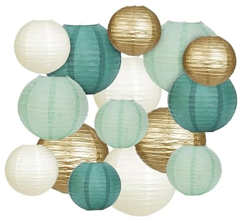 ACOMTUO 15 Stück Papierlaterne,Salbeigrün Papierlampion,Grün Gold Papierlaterne,Lampion Rund Lampenschirm für Geburtstagsfeier,Hochzeitsdekorationen Party Dekoration(Ø 15cm/20cm/25cm)