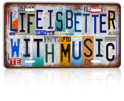 CYZglass Vintage Metal Sign Life Is Better With Music License Plate Music Room Wall Decor 12×6 Inches