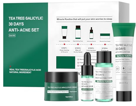 Set Trattamento Anti-Acne con Olio di Albero del Tè e Acido Salicilico, Detergente Viso e Crema Idratante, Riduce la Pelle Grassa e le Dimensioni dei Pori, Cura Quotidiana per Donne e Uomini