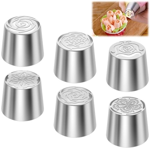 6Pcs Flower Russian Piping Tip Set, Extra Large Stainless Steel Layered Rose Icing Tip, Cake Decorating Flower Bouquet for Cake Dessert Cookie(6PCS)