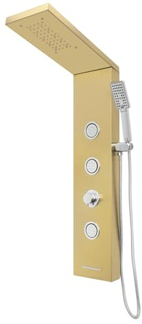 JAYEUW Pannello doccia a LED con doccetta, colonna doccia in acciaio inox, pioggia, 3 ugelli massaggianti, doccetta e beccuccio per vasca da parete, illuminazione LED blu G1/2 (oro)