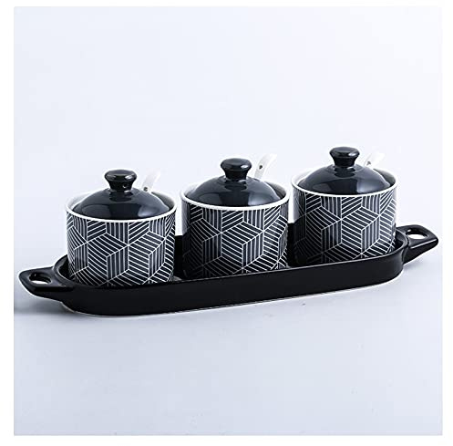 Kryddburk kryddbehållare, kryddburk keramisk kryddkruka, kökstillbehör kryddsocker salt nordisk förvaringsflaska tredelars set(Black)