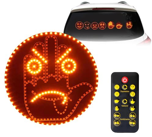 Lumière de doigt voiture 2 en 1, 8 modes, 145 LED, signal geste main humour | Lumière LED pour doigt et signe, panneau émoticône LED, lampe visage souriant avec télécommande, déco auto, cadeau fête