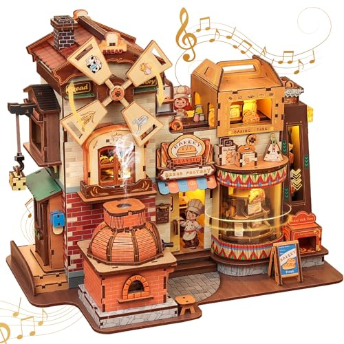 CUTEBEE 3D Holz Modellbau Kit Spieluhr DIY Diorama Kit mit LED Licht, Musik, Zerstäubung Rauch, Typ-C Power & 360° drehbares Display, Wohnkultur, Geschenke für Teenager & Erwachsene (Brotfabrik)