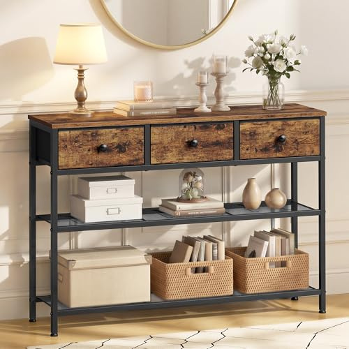 SONGMICS BELLAH Kollektion - Konsolentisch, Sofatisch schmal, Beistelltisch mit 2 Gitterablagen, Wohnzimmer, Eingangsbereich, Flur, 30 x 98,8 x 78,7 cm, 3 Stoffschubladen, vintagebraun LGS098K101