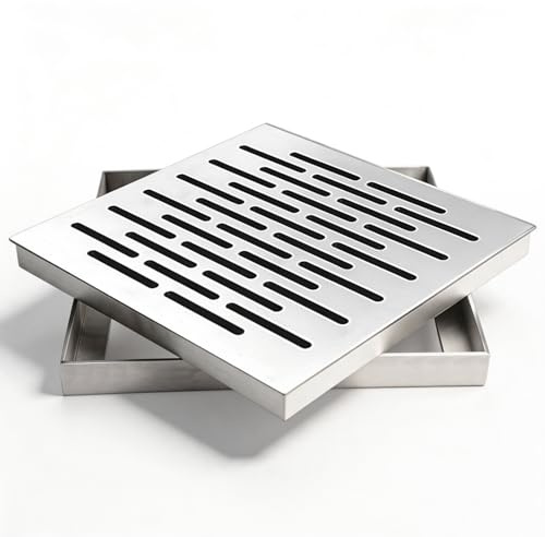 Desagüe de suelo con marco, rejilla de desagüe cuadrada de acero inoxidable, para exteriores, tapa de desagüe antideslizante, cubierta de desagüe para baño, jardín, terraza (150 x 150 x 20 mm)