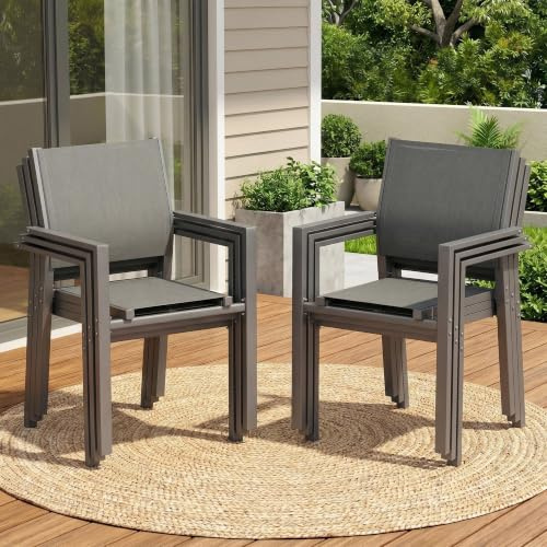 LIFERUN Gartenstühle stapelbar 6er Set, Balkonstühle, Essstühle, 6 PCS | Teslin und Metallgestell, bis 120 kg, Outdoor Gartenstuhl für Terrasse Garten Pool, atmungsaktiv mit Armlehnen, Grau