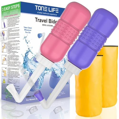 TONELIFE 2 Pack Peri Bottle 450ml Postpartum Perineal Cleansing Bottle, Feminine Care Postpartum Perineal Cleansing 15oz Portable Bidet Travel Bidet with Waterproof Storage Bag (Pink+Blue)