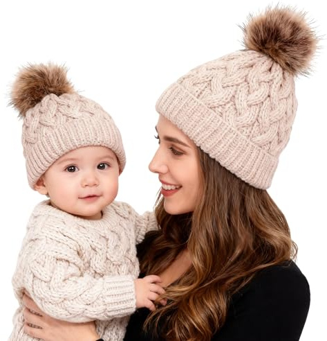 Winmany 2PCS Mutter & Baby Strickmütze Winterwärmer Familie Häkelarbeithut Wollmütze Beanie Ski Hüte&Mützen (Khaki)