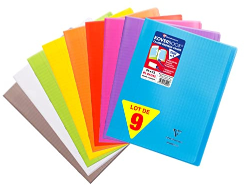 Clairefontaine 981490AMZC Lot de 9 Cahiers Agrafés Koverbook - 24x32cm 96 Pages Grands Carreaux - Papier Blanc 90g - Couverture Polypro (Bleu, Rouge, Vert, Jaune, Violet, Gris, Orange, Rose, Incolore)